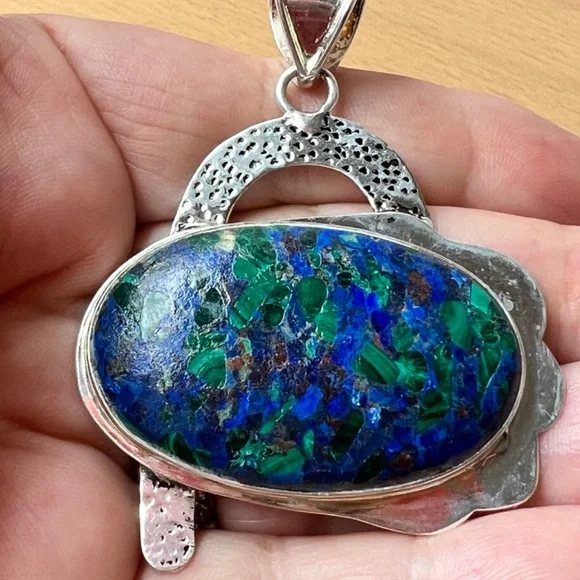 OVERSIZED STATEMENT LAPIS MALACHITE CHRYSOCOLLA PENDANT 925 STERLING SILVER